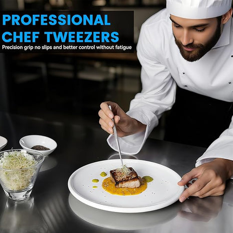 HOTEC Kitchen Tweezers Tongs Stainless Steel Professional Chef Tweezers, Set of 3-6.3", 10" and 12inch Food Tongs for Cooking, Repairing, Dessert, BBQ, Meat, Pasta