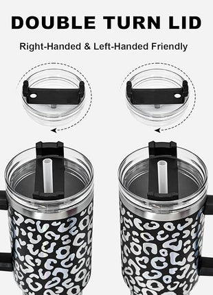 40 oz Tumbler with Handle and Straw, 100% Leak-Proof Travel Mug, Stainless Steel Double Wall Vacuum Insulated Coffee Cup Keeps Cold For 34 Hours, Dishwasher Safe, Black Leopard