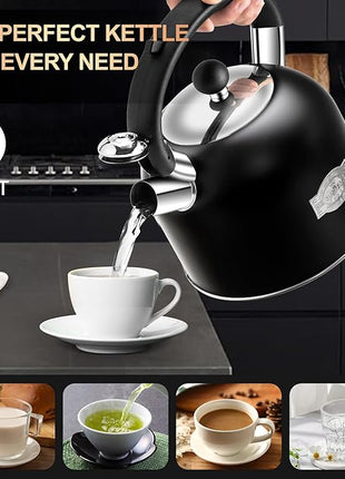 SUSTEAS Tea Kettle - 3.17QT Whistling Kettle with Ergonomic Handle - Premium Stainless Steel Tea Pots for Stove Top, Chic Vintage Teapot with Composite Base, Work for All Stovetops (Black)