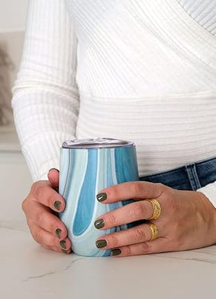 CHILLOUT LIFE 12 oz Stainless Steel Wine Tumblers 2 Pack - Double Wall Vacuum Insulated Wine Glasses Cups with Lids and Straws Set Keeping Cold & Hot for Coffee, Beer, Ice Cream - Ocean Marble Pattern