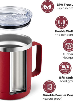 MEWAY 12oz Coffee Mug With Handle 2 Pack Bulk,Stainless Steel Insulated Travel Tumblers With Sliding Lid,Double Wall Vacuum Camping Cup for Hot & Cold Drinks Tea (Red,Set of 2)