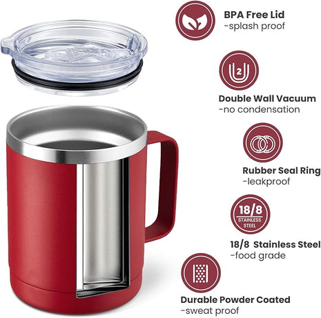 MEWAY 12oz Coffee Mug With Handle 8 Pack Bulk,Stainless Steel Insulated Travel Tumblers With Sliding Lid,Double Wall Vacuum Camping Cup for Hot & Cold Drinks Tea (Red,Set of 8)