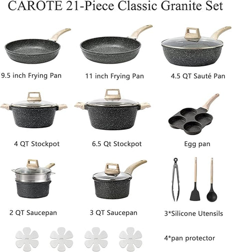 CAROTE 21pcs Pots and Pans Set Nonstick, Cookware Set Black Granite Induction Kitchen Cooking Set w/Frying Pans & Saucepans(PFOS, PFOA Free)