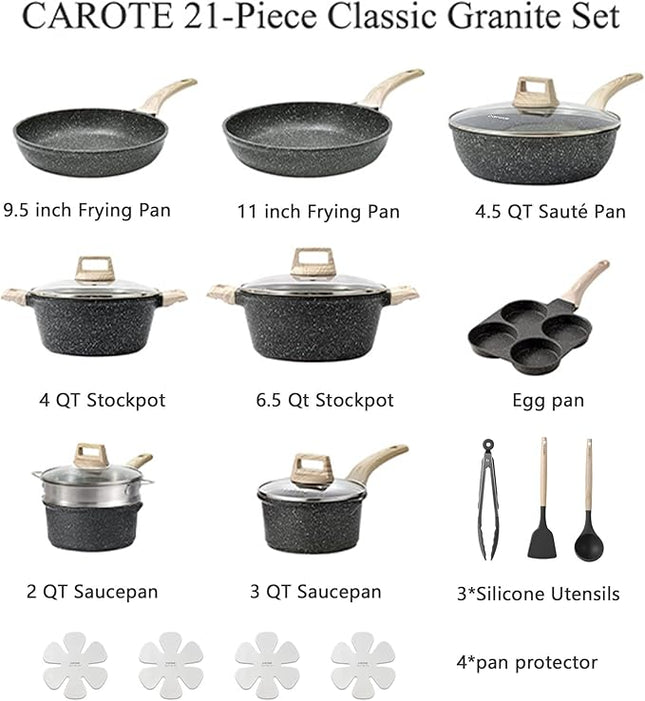CAROTE 21pcs Pots and Pans Set Nonstick, Cookware Set Black Granite Induction Kitchen Cooking Set w/Frying Pans & Saucepans(PFOS, PFOA Free)
