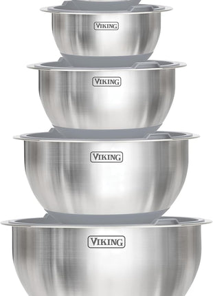 Viking Mixing Bowls Set, 10 Piece Stainless Steel Kitchen Cookware, Non-Slip Silicone Base, Includes Tight Fit Lids, Dishwasher Safe, Grey