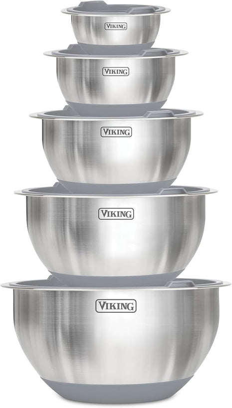 Viking Mixing Bowls Set, 10 Piece Stainless Steel Kitchen Cookware, Non-Slip Silicone Base, Includes Tight Fit Lids, Dishwasher Safe, Grey