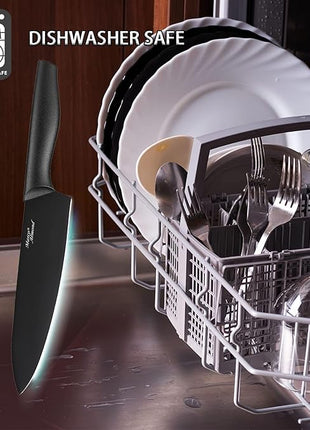 Kitchen Knife Set, KYA38 12-Piece Kitchen Knives Set with Covers, Marco Almond® 6 Knives with 6 Blade Guards, Stainless Steel Cooking Knives Set for Kitchen, Black