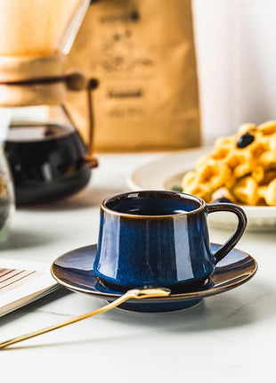 YHOSSEUN Espresso Cups Set of 6, 4 OZ Expresso Shots Cup Small Coffee Cup with Sacuers Metal Stand, Ceramic Espresso Cups for Cappuccino, Latte, Cafe Mocha and Tea, Blue