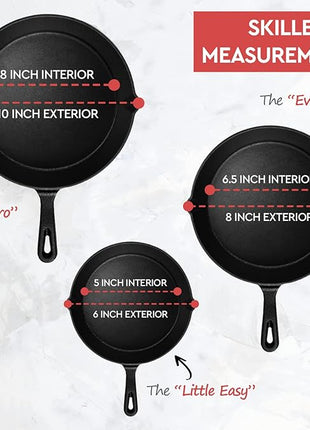 Cast Iron Skillet 3-Piece Set - Heavy-Duty Professional Restaurant Chef Quality Pre-Seasoned Pan Cookware Set - 10", 8", 6" Pans - For Frying, Saute, Cooking, Pizza & More,Black
