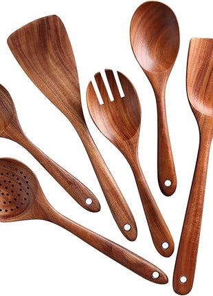 Wooden Spoons for Cooking, 6 Pcs Wooden Utensils for Cooking, Natural Teak Wood Non-Stick Cooking Spoons, Wood Utensils Set for Kitchen