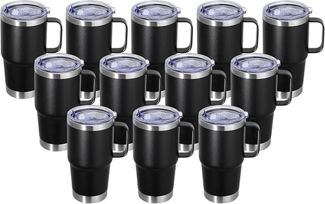 20 oz Stainless Steel Tumbler with Handle Bulk Metal Insulated Tumblers Travel Coffee Mug with Handle Double Wall Tumbler Cup with Lid and Straw, Black 12 Pack