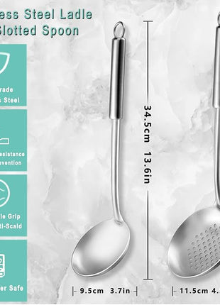Pleafind 2-Pcs Ladle and Slotted Spoon, Soup Ladle and Strainer Spoons, Stainless Steel Cooking Spoon and Skimmer Spoons, Kitchen Utensils, Wok Utensils for Home and Restaurant, Dishwasher Safe