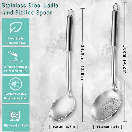 Pleafind 2-Pcs Ladle and Slotted Spoon, Soup Ladle and Strainer Spoons, Stainless Steel Cooking Spoon and Skimmer Spoons, Kitchen Utensils, Wok Utensils for Home and Restaurant, Dishwasher Safe