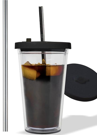 Reusable Iced Coffee Cup (16 Oz/Grande), Leak Proof and Double Wall Insulated Iced Coffee Tumbler, Come with Reusable Plastic and Metal Straws and Straw Cleaner - Black
