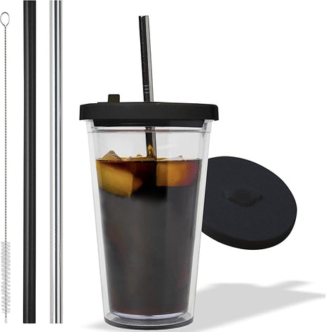 Reusable Iced Coffee Cup (16 Oz/Grande), Leak Proof and Double Wall Insulated Iced Coffee Tumbler, Come with Reusable Plastic and Metal Straws and Straw Cleaner - Black