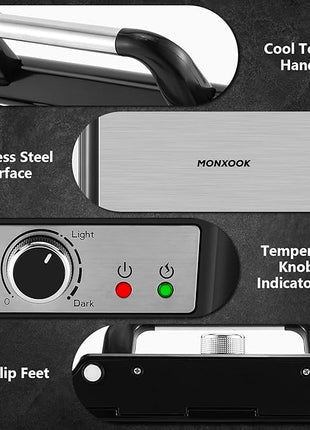 MONXOOK Panini Press Sandwich Maker, 4 Slices Panini Grill Non-Stick Coated Plates, Panini Makers with Temperature Control, Opens 180 Degrees, Removable Drip Tray, 1400W, Stainless Steel