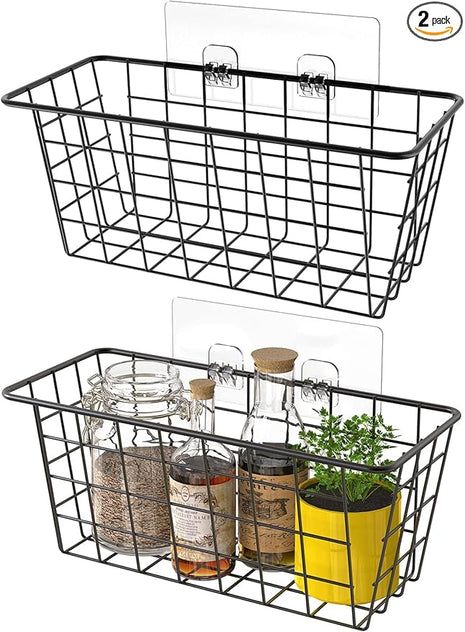 MaraFansie Hanging Kitchen Baskets Wire Storage Basket Over the Cabinet Door Organizer, No Drilling Adhesive Basket for Cabinet Pantry Organization and Kitchen, Bathroom, Storage, 2 Pack, Black