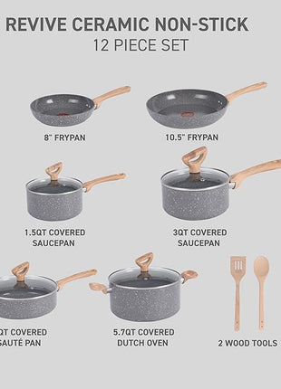 T-fal Revive Ceramic Cookware Sets, Pots and Pans Set Nonstick, (12 pieces), Ceramic Non stick Coated, Frying Pan, Oven Safe Up To 350°F, Grey Granite