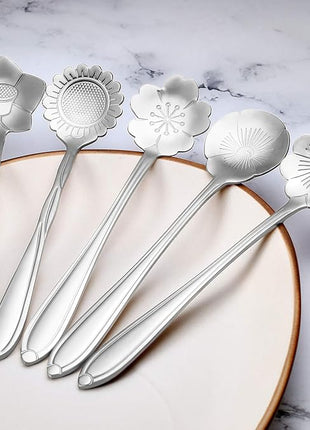 Chengu 8 Pieces Flower Coffee Tea Spoons Stainless Steel Sugar Spoons Tea Party Flower Fancy Tableware Set Stir Bar Creative Stirring Teaspoon, 8 Different Patterns(Silver)