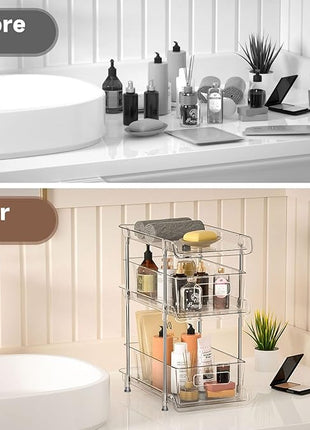 2Set 3 Tier Clear Bathroom Organizer with Dividers, Pull-Out Pantry Organization and Storage, Multi-Purpose Under Sink Organizers and Storage, Vanity Skincare Cosmetic Closet Organizer Medicine Bins