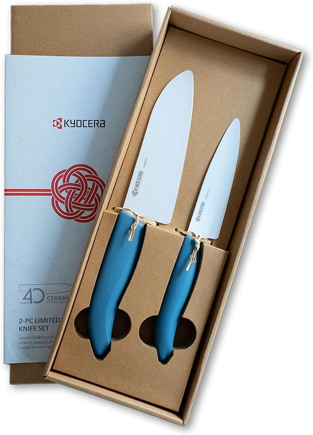 KYOCERA Commemorative Ceramic 2-Piece Knife Set - Aegean Blue 5.5" Santoku & 4.5" Utility