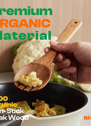 Riveira Teak Wooden Cooking Utensils Set of 6 Premium Quality Non-Toxic Wooden Spoons & Spatula for Cooking, Stirring & Serving