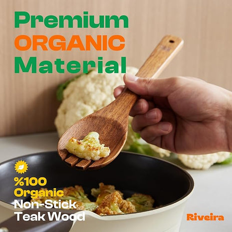 Riveira Teak Wooden Cooking Utensils Set of 6 Premium Quality Non-Toxic Wooden Spoons & Spatula for Cooking, Stirring & Serving
