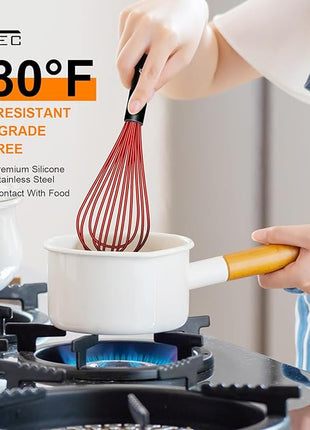 HOTEC 4 Pieces Silicone Whisks Set, Wire Balloon Whisks Egg Beater, Non-slip Handle Whisk for Non-stick Cookware Perfect for Cooking, Stirring, Beating and Blending (Red)