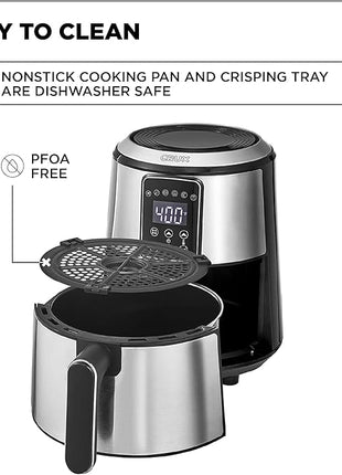 Crux 3QT Digital Air Fryer, Faster Pre-Heat, No-Oil Frying, Fast Healthy Evenly Cooked Meal Every Time, Dishwasher Safe Non Stick Pan and Crisping Tray for Easy Clean Up, Stainless Steel