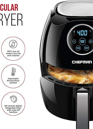 CHEFMAN Large Air Fryer 6.5 Qt XL, Healthy Cooking, User Friendly, Nonstick, Digital Touch Screen with 4 Cooking Functions w/ 60 Minute Timer & Auto Shut Off, BPA-Free, Dishwasher Safe Basket, Black