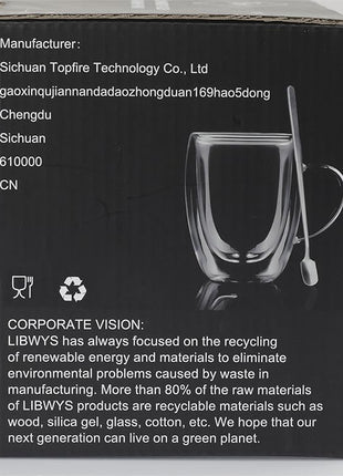 LIBWYS 2 Pack Double Walled Coffee Cups Glasses Mugs, 12oz Espresso Cappuccino Latte Tea Cups with Handle, Heat Resistant Borosilicate Clear Glasses 350ml