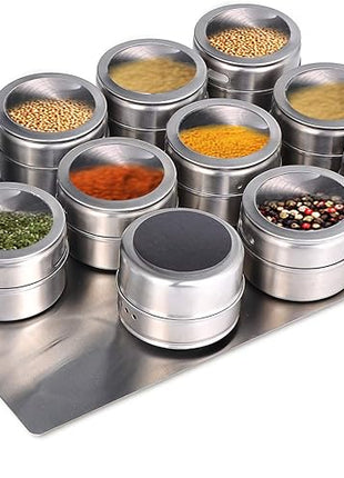 Upgrade Magnetic Spice Jars 12pcs with Wall Mounted,Stainless Steel Spice Tins with Lid and Small Holes for Sprinkle Rust Free Easy to Clean Includes 94 Labeling Stickers by Beeyoka