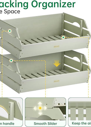 HABAU Wood Potato Onion Storage Bins - Wooden Stackable Produce Basket - Fruit Vegetable Storage for Kitchen Pantry Organization, Set 2 Pieces