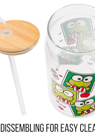 Silver Buffalo Sanrio Hello Kitty and Friends Keroppi Polaroids Glass Jar Tumbler with Bamboo Lid and Glass Straw, 16 Ounces