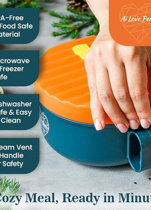 AI LOVE PEACE Ramen Bowl, 40 oz Microwaveable Noodle Cooker for Ramen, Pho, Soup, and Pasta, Dishwasher Safe and Portable, Ideal for Home, Office, Dorm, or Gift (Orange)