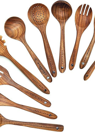 Wooden Spoons for Cooking,10 Pcs Natural Teak Wooden Kitchen Utensils Set Wooden Utensils for Cooking Wooden Cooking Utensils Wooden Spatulas for Cooking (10)