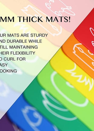 Cutting Board Mats Flexible Plastic Colored Mats with Food Icons, Fotouzy BPA-Free, Non-Porous, Anti-skid back and Dishwasher Safe, Set of 7+1 8 Pieces