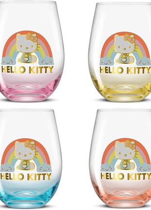 JoyJolt Hello Kitty Sweet Rainbow Stemless Drinking Glasses Set of 4, 19oz Glass Cups, Kawaii Kitchen Glassware Sets, Sanrio Hello Kitty Merch, Teardrop Tumblers for Water, Juice, Coffee, Iced Tea