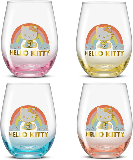 JoyJolt Hello Kitty Sweet Rainbow Stemless Drinking Glasses Set of 4, 19oz Glass Cups, Kawaii Kitchen Glassware Sets, Sanrio Hello Kitty Merch, Teardrop Tumblers for Water, Juice, Coffee, Iced Tea