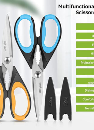 Kitchen Scissors, iBayam 2-Pack Multipurpose Kitchen Shears, 8.5 Inch Heavy Duty Dishwasher Safe Food Cutting, Stainless Steel Sharp Cooking Scissors for Kitchen, Chicken, Poultry, Fish, Meat, Herbs