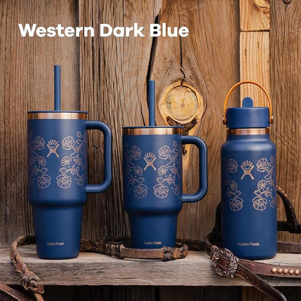 Hydro Flask 32 Oz Travel Tumbler with Handle, Lid and Straw - Insulated Stainless Steel in Western Dark Blue