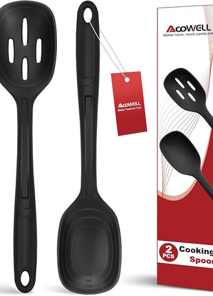 2 Pack Large Silicone Cooking Spoon with Measuring Mark, Premium Non-Stick Solid and Slotted Serving Spoons Set, Heat Resistant Kitchen Utensils for Mixing, Stirring, Scooping, Scraping