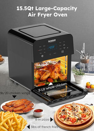 Nuwave Brio 15.5Qt Air Fryer Rotisserie Oven, X-Large Family Size, Powerful 1800W, 4 Rack Positions, 50°-425°F Temp Controls, 100 Presets & 50 Memory, Integrated Smart Thermometer, Linear T Technology