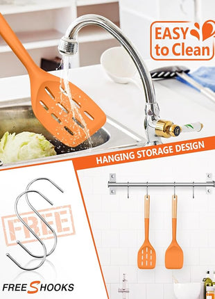 Pack of 2 Silicone Spatula, Non Stick Cooking Utensil Set, Wooden Handle Kitchen Turner for Baking Mixing Grilling Serving Food Heat Resistant (ORANGE)