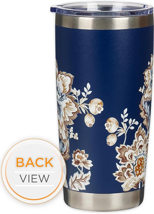 Christian Art Gifts Stainless Steel Scripture Tumbler Travel Mug for Women: All Things Through Christ Inspirational Bible Verse, Double-wall Vacuum Insulated w/Lid Hot/Cold, Navy Blue Floral, 18oz.