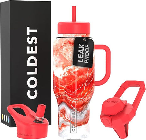 Coldest Tumbler with Handle and Straw - 100% Leak Proof Insulated Tumbler with Lid and Straw (3 Lids) - Stainless Steel Tumblers for Women & Men, Cup Holder Friendly Base, 36 oz (Molten Ivory)