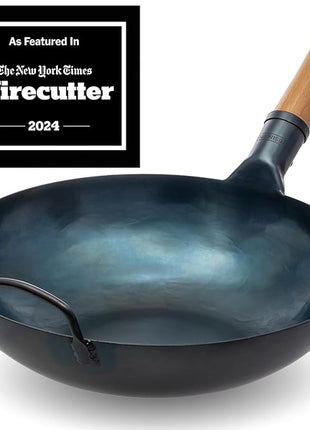 YOSUKATA 13.5” Blue Carbon Steel Wok Pan – Pre-Seasoned Flat Bottom Wok Compatible with open fire, gas, electric, ceramic, induction cooktops -Traditional Chinese Pan for Stir Fry, BBQ, Grill, Camping