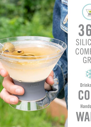 Host Freeze Insulated Martini Cooling Cups, Plastic Freezer Gel Chiller Double Wall Stemless Cocktail Glass Set of 2, 9 oz, Grey