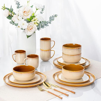 LERATIO Ceramic Dinnerware Sets for 8,Plates and Bowls Sets,Reactive Glaze Dishes Set,Highly Chip and Crack Resistant | Dishwasher & Microwave & Oven Safe Dishes set,Service for 8-Kahki (24pc)