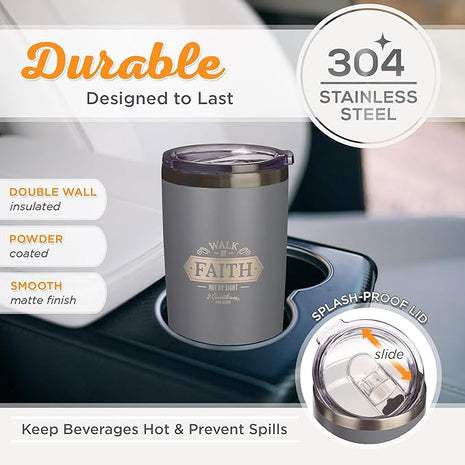 Christian Art Gifts Stainless Steel Double Wall Vacuum Insulated Travel Mug 18 oz Gray Bible Verse Tumbler with Retractable Lid for Men & Women - Walk by Faith - 2 Corinthian 5:7